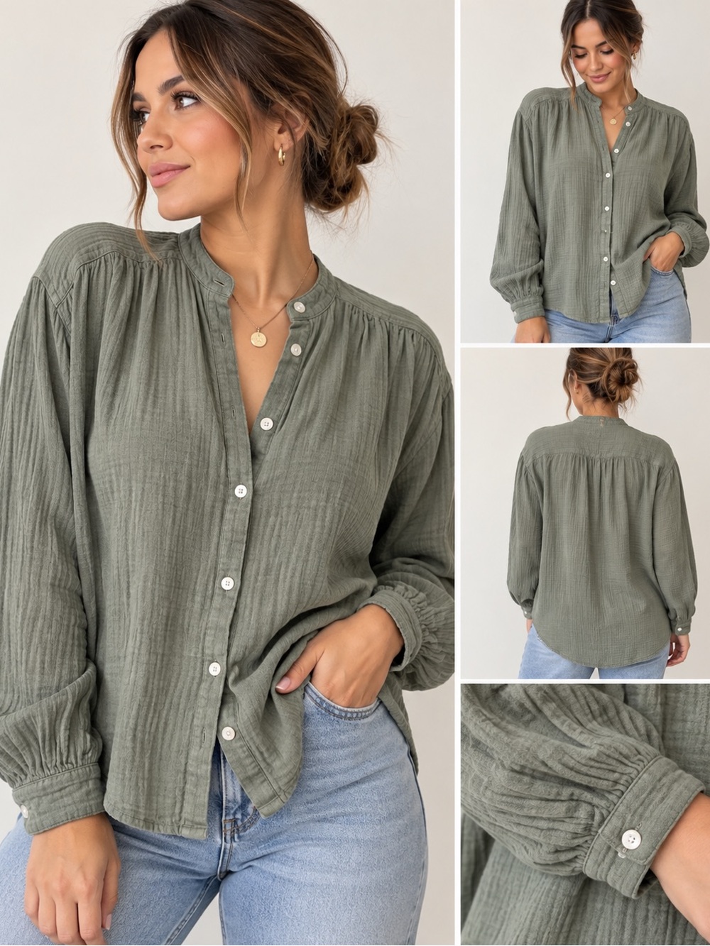 GAP Olive Green Button-Front Gauze Shirt